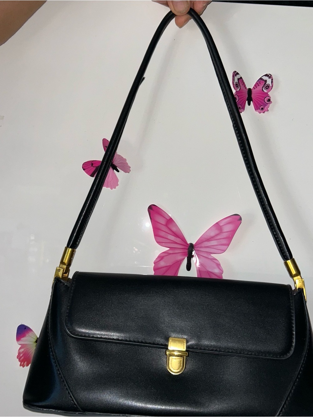 Black Leather Shoulder Bag with Gold Hardware
